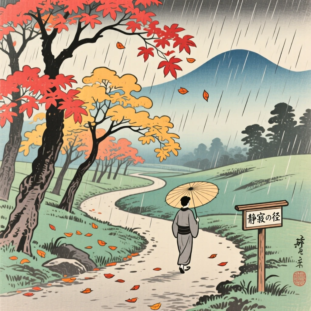 Drifting maple leaves along a quiet path as gentle rain begins to fall.