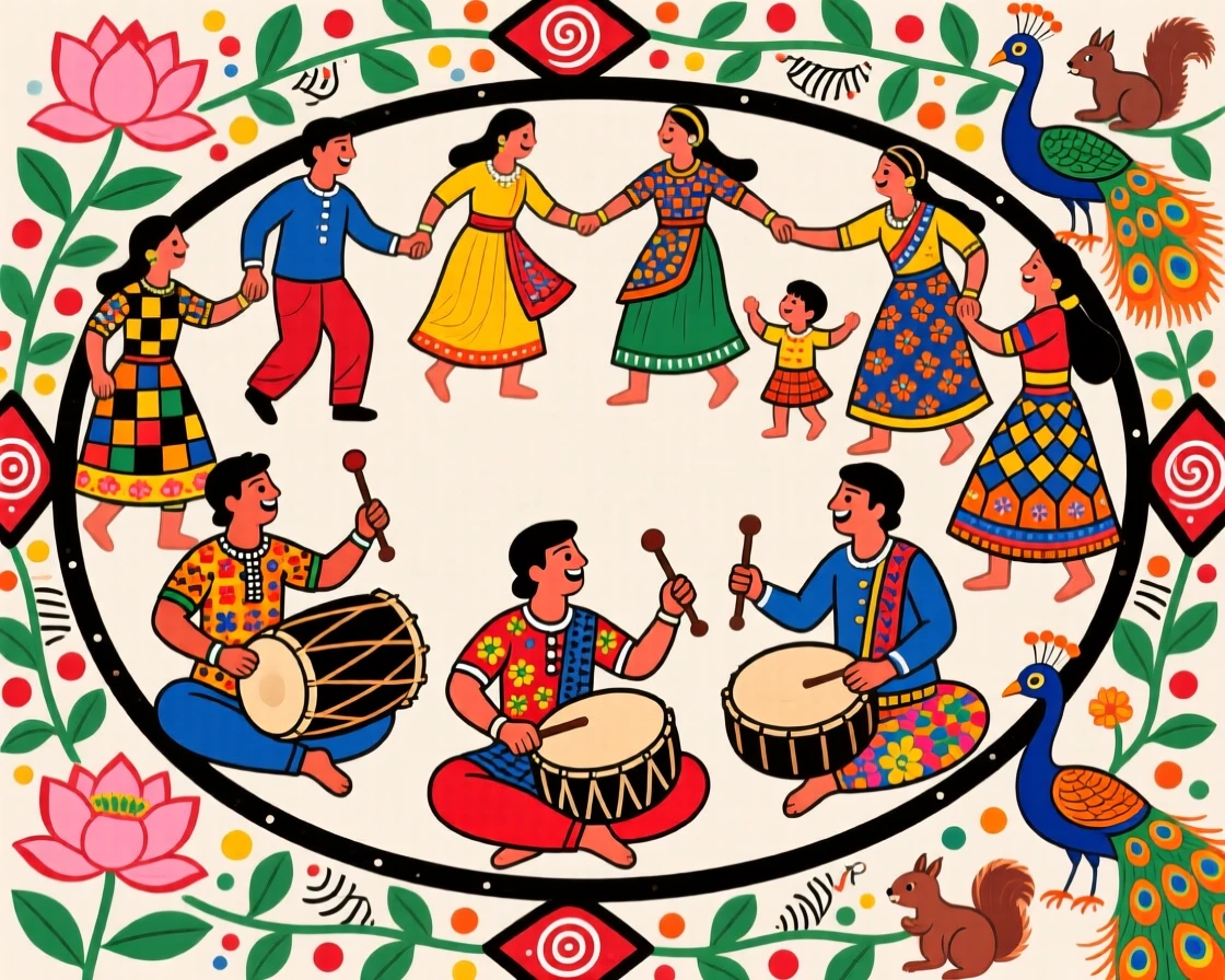 Drummers keeping rhythm as villagers dance in a wide circle.