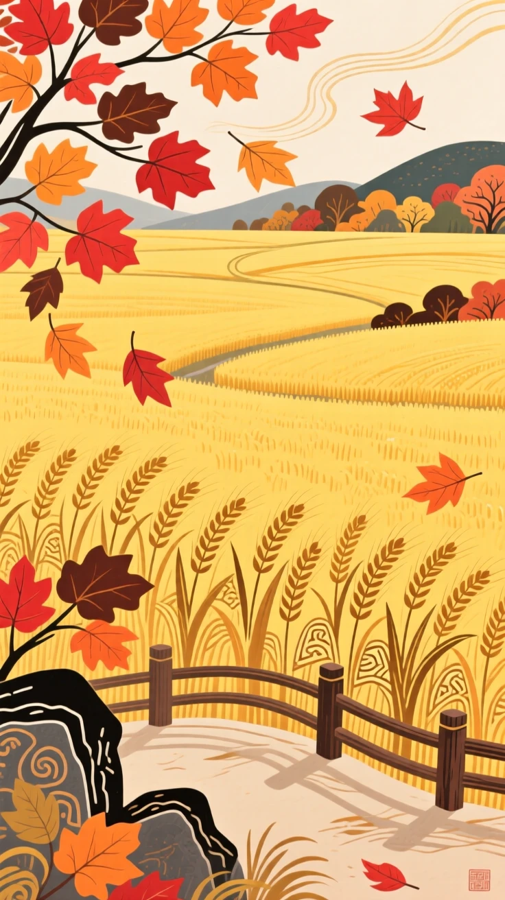A wide field of golden barley seen from a quiet overlook, with autumn leaves swirling in the wind.