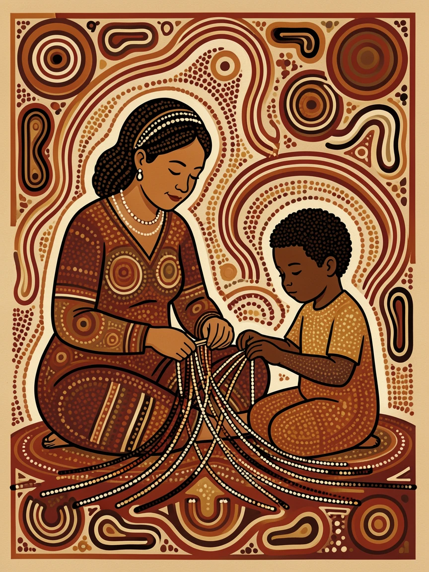 A grandmother teaching a child to weave