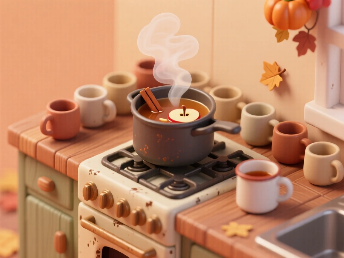 A cozy scene of making hot apple cider on the stove, cinnamon sticks floating, mugs lined up, and steam curling into the autumn air.
