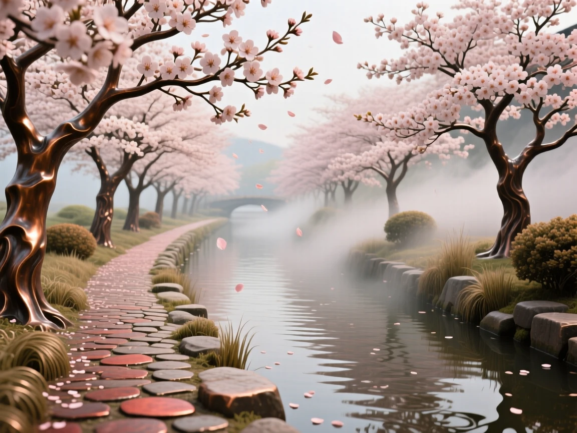 A peaceful cherry blossom path along a quiet canal, with soft mist adding a dreamlike quality, offering a breathtaking sense of place
