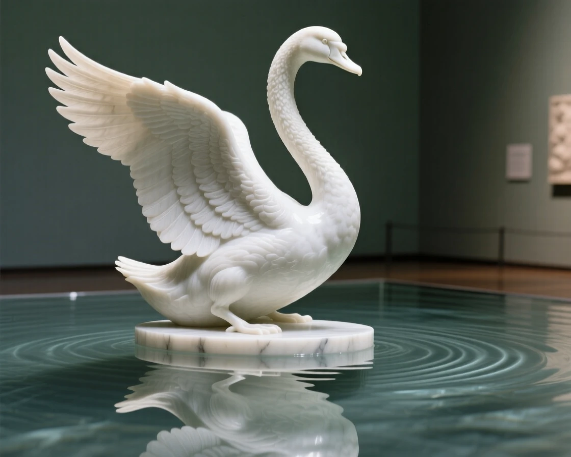 A graceful swan captured in a powerful, dignified pose reflected in still, glassy water