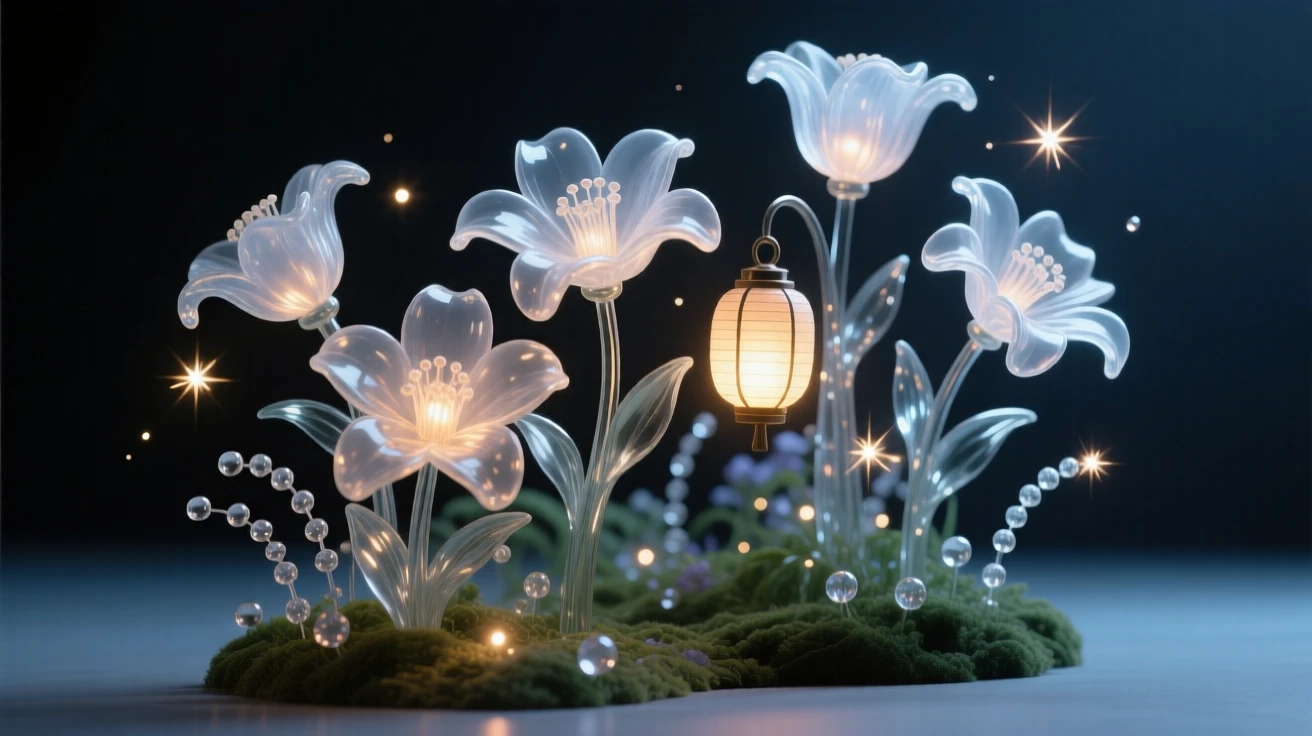 A garden where flowers glow like lanterns at night, bathed in soft magical light with drifting sparkles in the air, epic and awe-inspiring composition, evoking wonder and adventure.