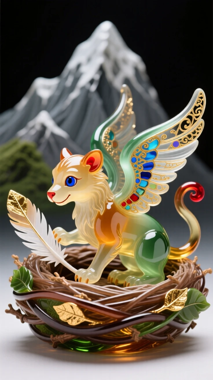 A griffin cub playing with a fallen feather in a mountain nest, playful and endearing.
