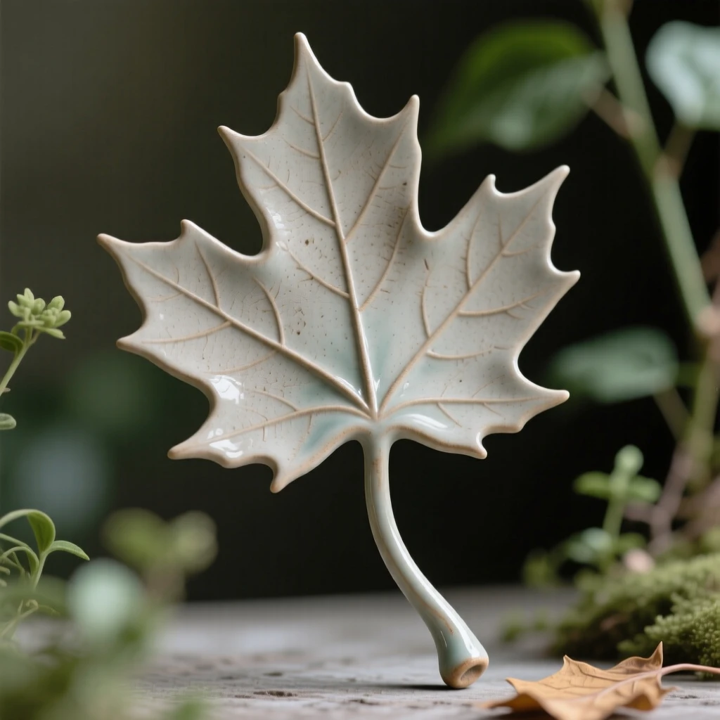 A maple leaf caught mid-fall framed by soft surrounding greenery, its stem gently arching under its own weight, capturing a fleeting, delicate moment in bloom.