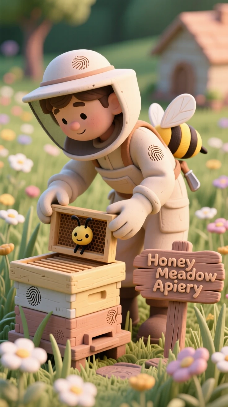 A young beekeeper checking on hives in a blooming meadow