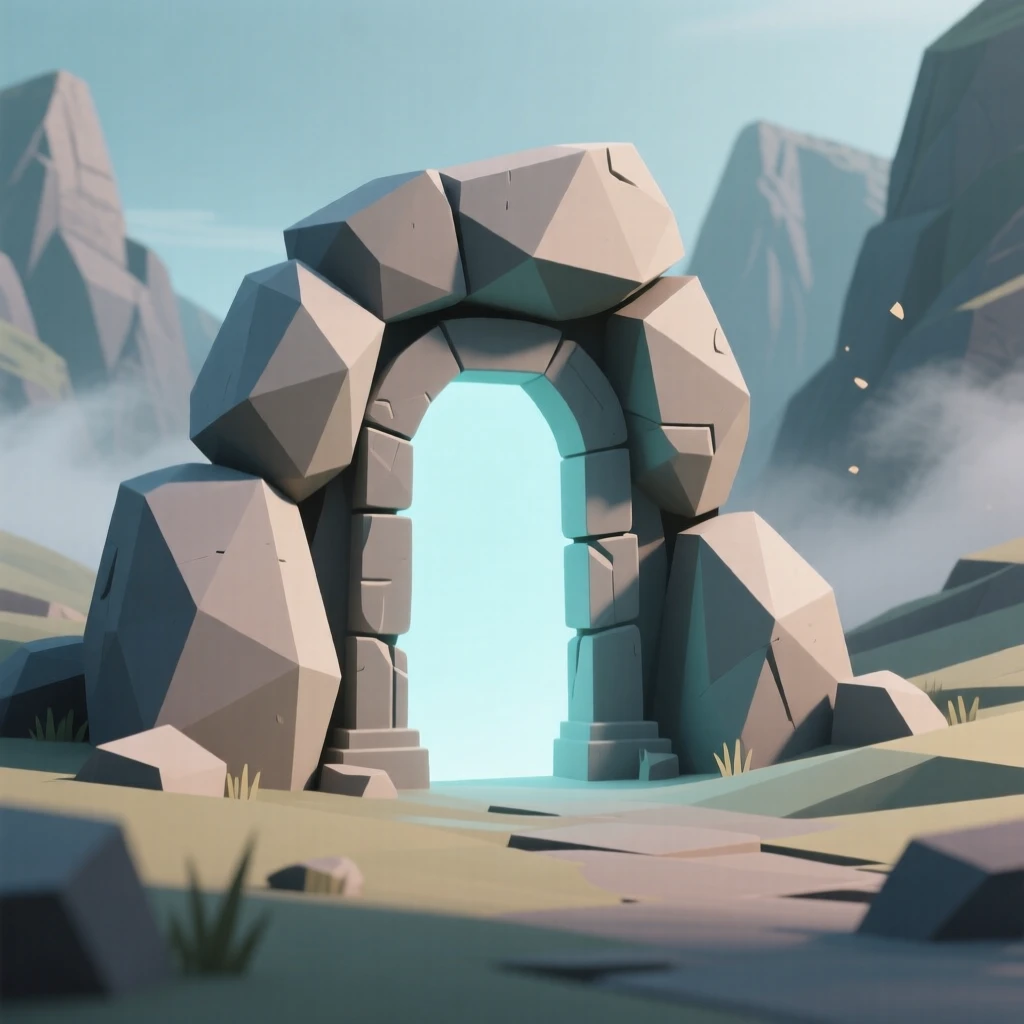 A hidden portal glowing between ancient stones, within a valley shrouded in enchanted mist. intricate details enrich the ancient architecture. A gentle, magical glow softens the scene.