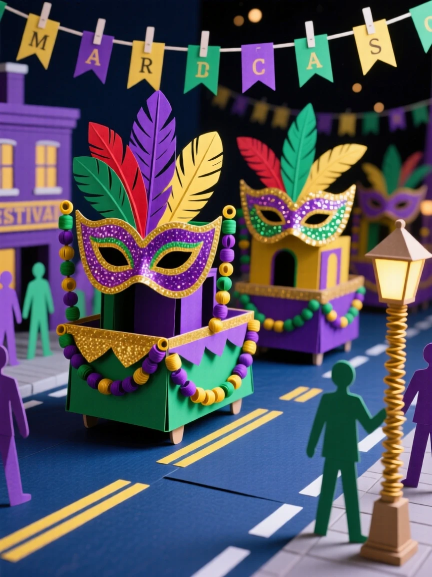 A festive Mardi Gras parade with colorful beads, elaborate masks, and vibrant floats moving through a lively night street, evoking exuberant celebration.