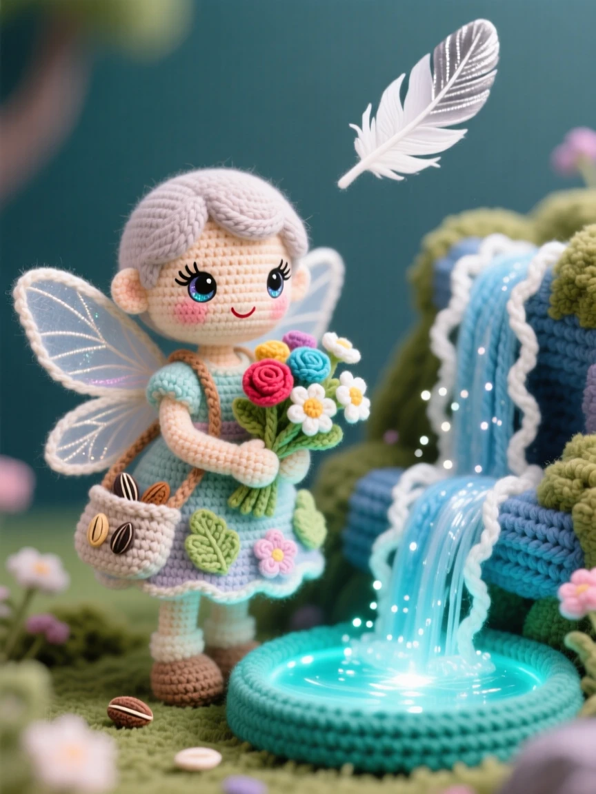 In a magical waterfall cascading into a glowing pool, a tiny fairy florist with a satchel of tiny seeds is captured arranging a bouquet of miniature blossoms, surrounded by a single floating feather catching the light, filled with dreamy tranquility under a magical sky.