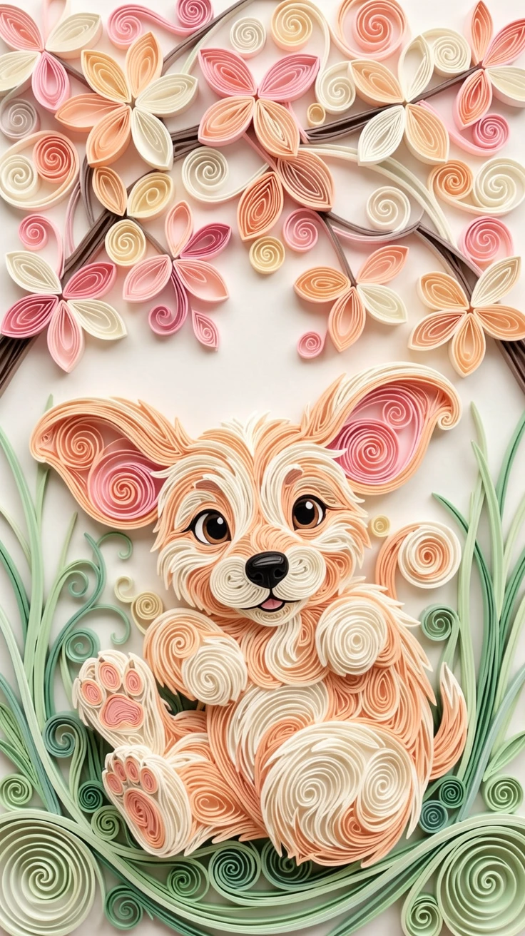 A heartwarming scene of a puppy with oversized ears tumbling over its own paws beneath a canopy of cherry blossom petals, centered with soft blurred greenery in the background, in warm pastel tones of peach, cream, and soft pink.