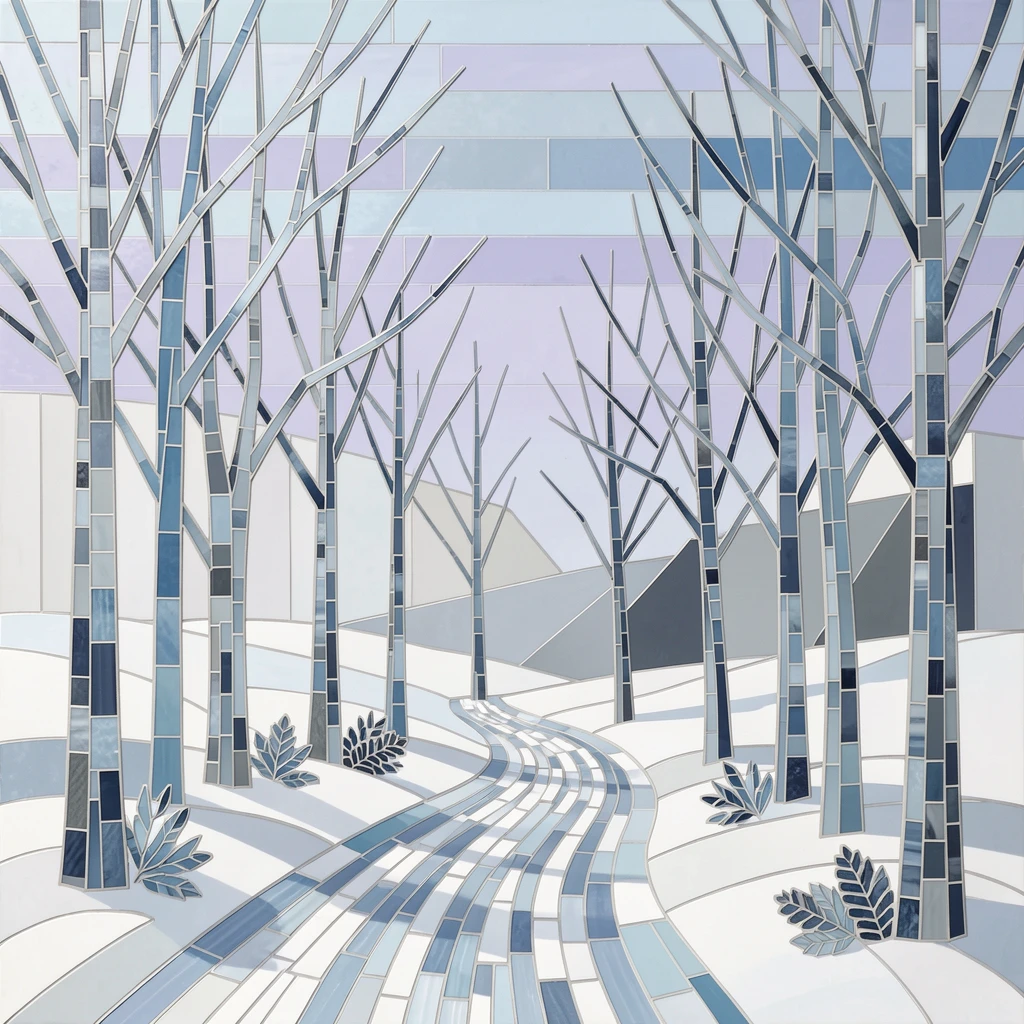 A quiet snowshoe trail winding through a silent winter forest.