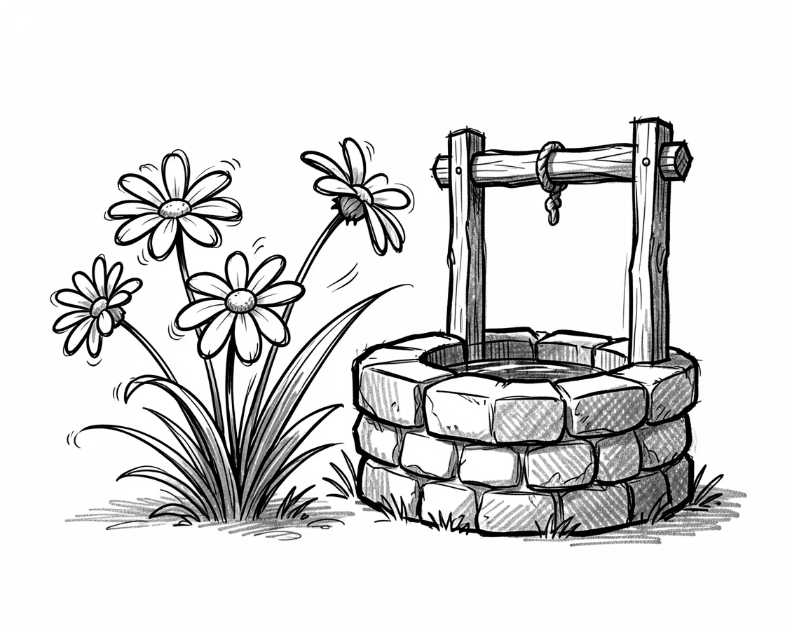 A patch of daisies swaying in the wind next to an old stone well.