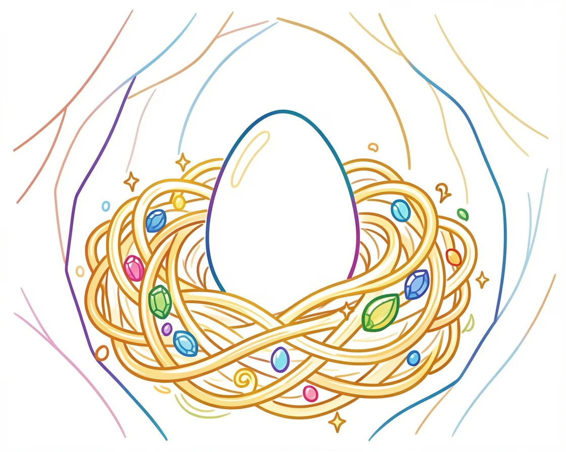 A dragon egg nestled in a nest of gold and jewels inside a cave.