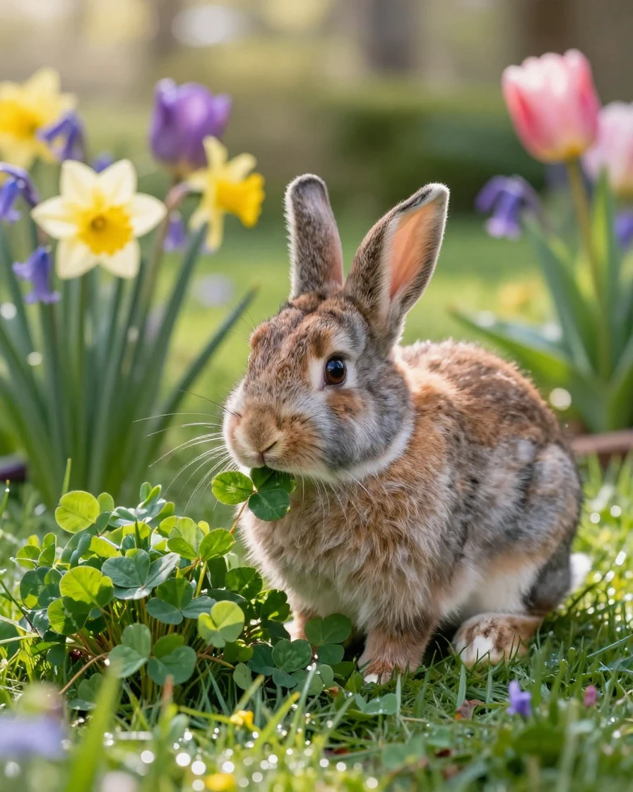 A rabbit nibbling clover in a spring garden