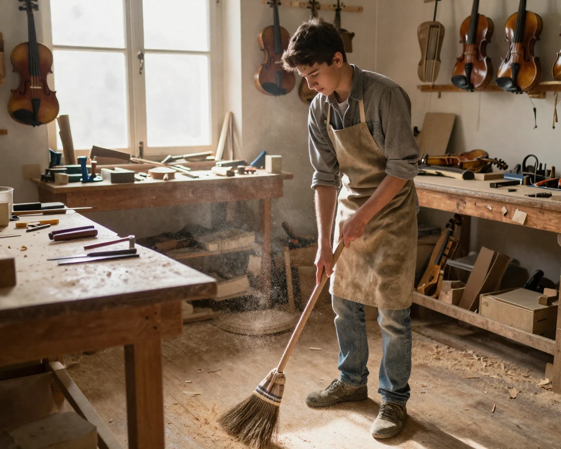 A young apprentice sweeps sawdust from the floor of a violin maker's workshop.