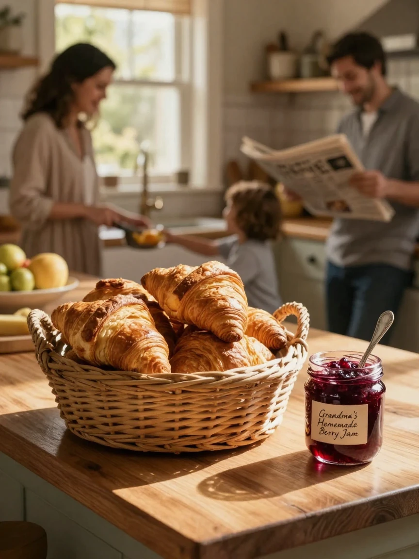 A basket of warm croissants beside a jar of berry jam in a bustling family kitchen