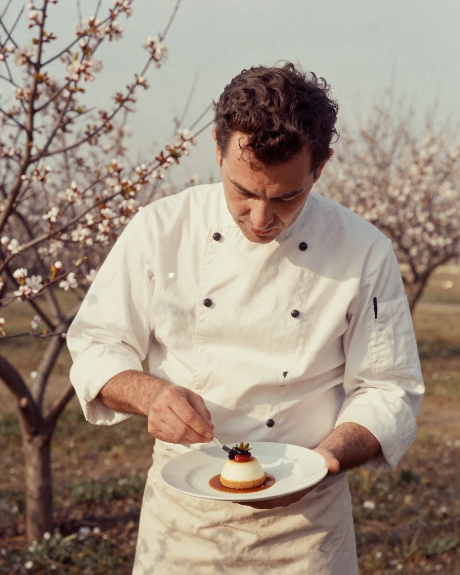 A chef plating a delicate dessert with careful precision, under a pale winter sky, as heat shimmers over the ground, as spring blossoms unfurl, in warm honey and cream tones, shot from directly overhead.