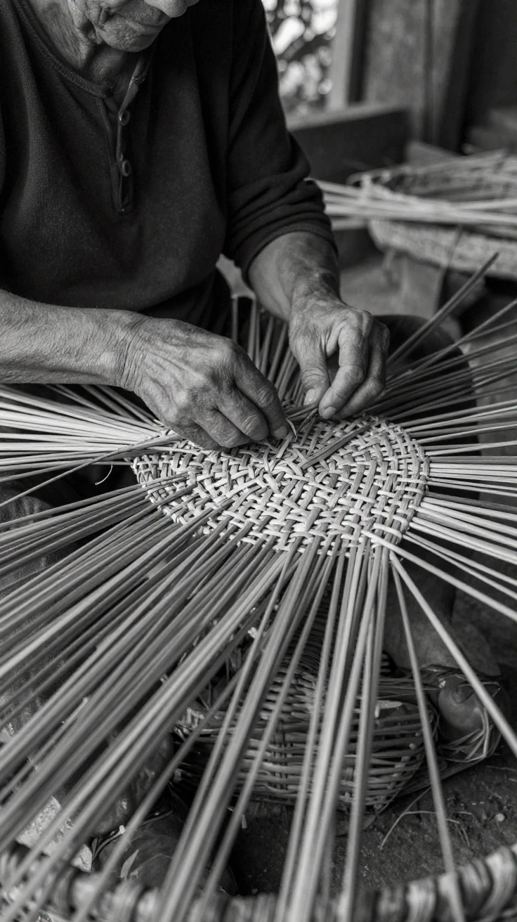 A basket weaver twists reeds into a tight pattern beside a pile of fresh reeds.