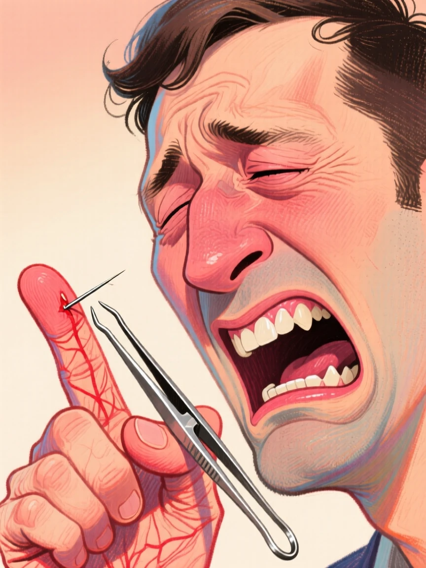 A man wincing while getting a tiny splinter removed with tweezers.