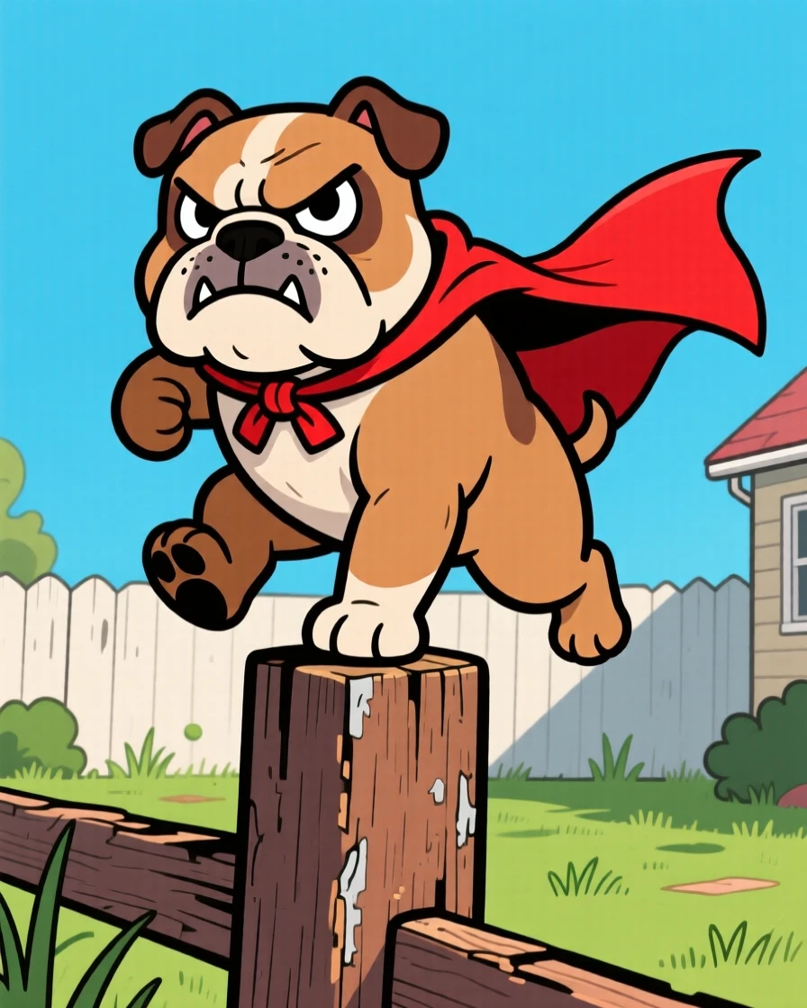 A charming animal moment featuring a stern-faced bulldog wearing a tiny superhero cape, standing heroically atop a fence post.