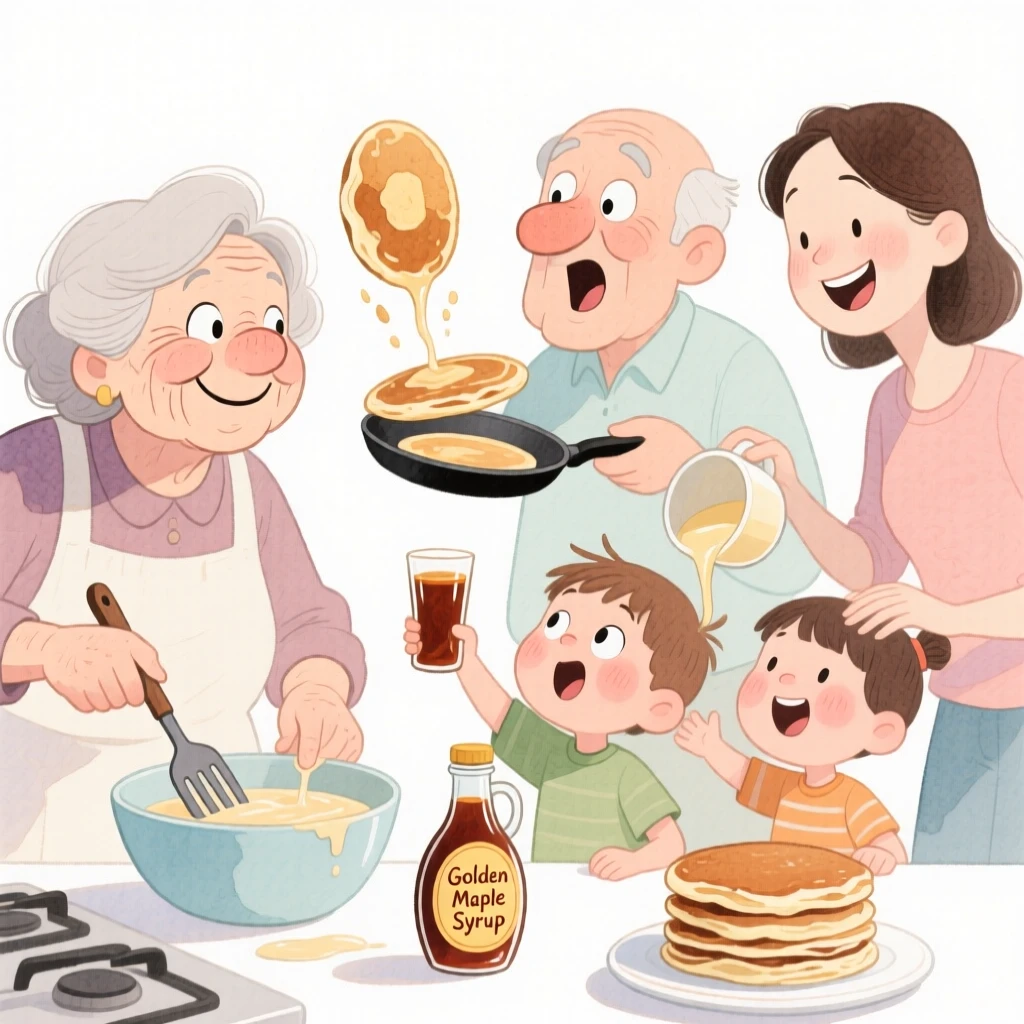 A big multigenerational family making pancakes together on a lazy Sunday morning