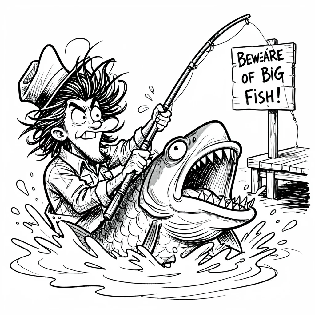 [Funny & Exaggerated Situations] Comical scene of a fisherman getting yanked into the water by a massive fish, exaggerated for maximum laughs