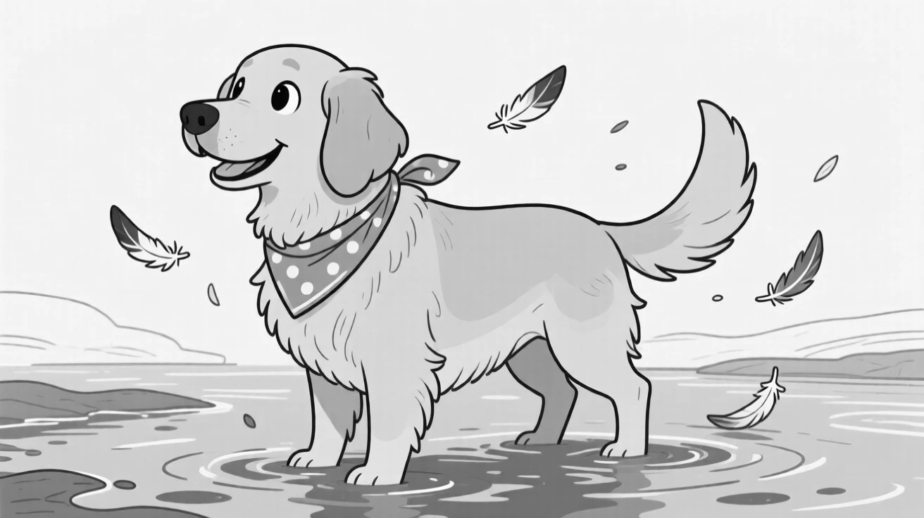 A fluffy golden retriever with one ear flopped inside out, modeling its outfit with obvious pride, set wading in a shallow muddy river. Feathers scatter from an overenthusiastic flap. The scene captures unconditional, goofy love.