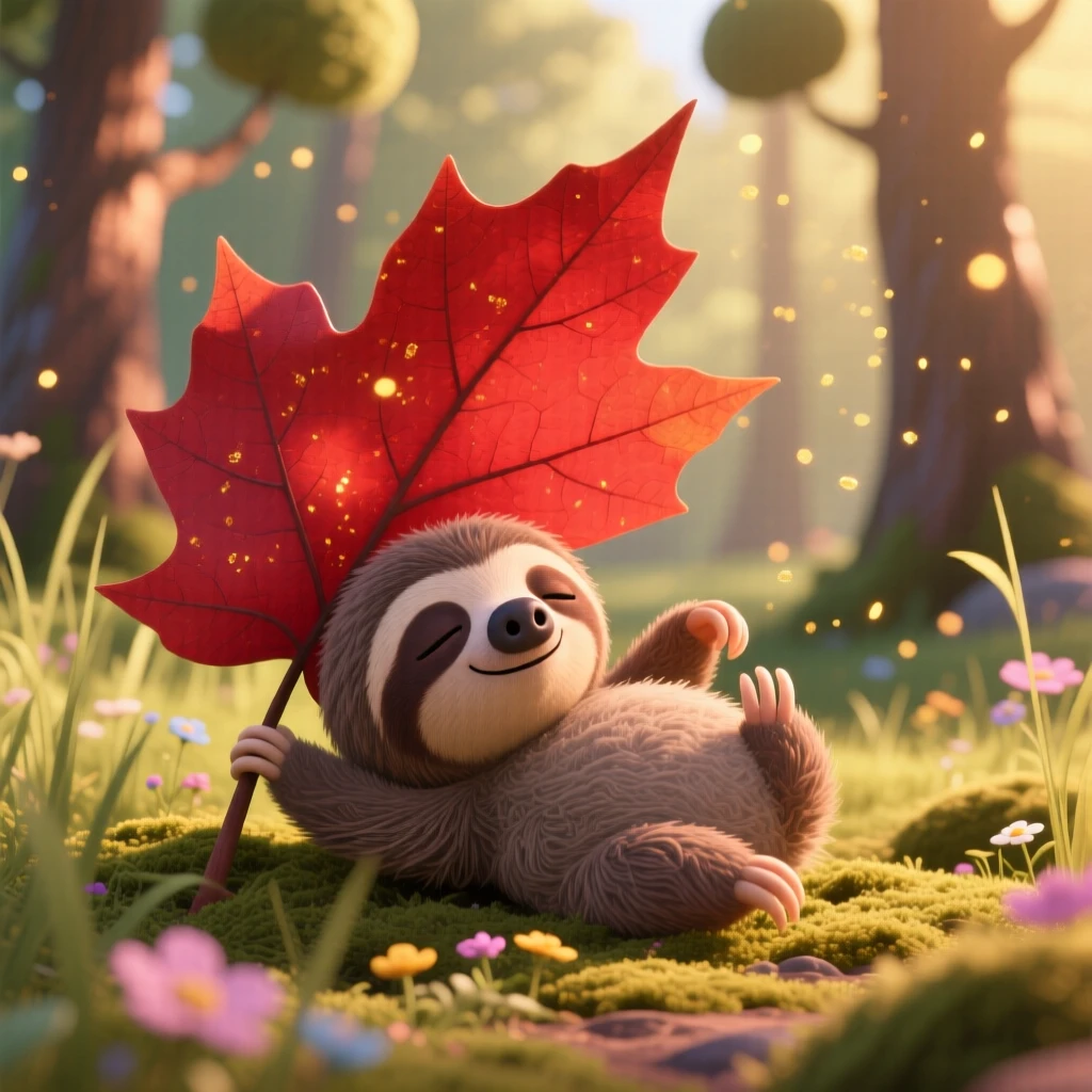 A baby sloth is tucked under a giant maple leaf, stretching after a long nap. The mood is soft, tender, and endearing, with a faint smile-like expression.