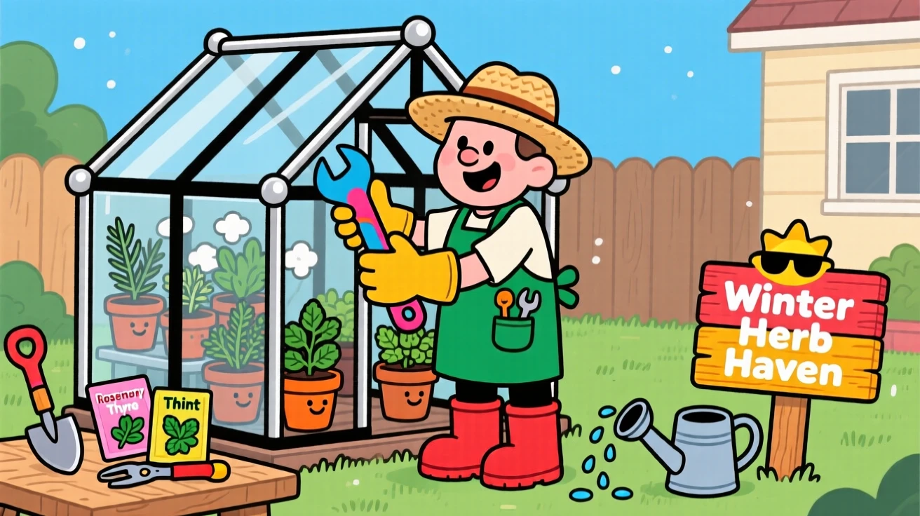 A gardener building a small greenhouse for winter herbs.