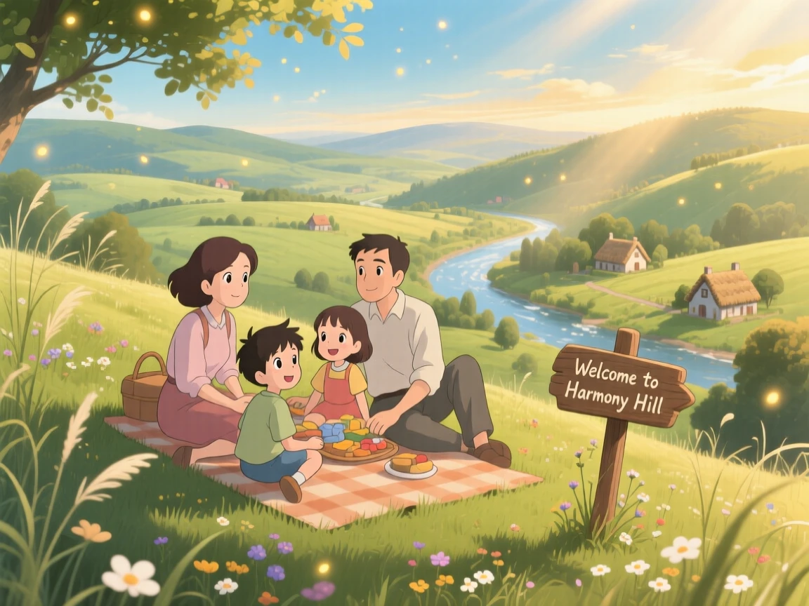 A family having a picnic on a hillside overlooking the valley, the scene glowing with togetherness.