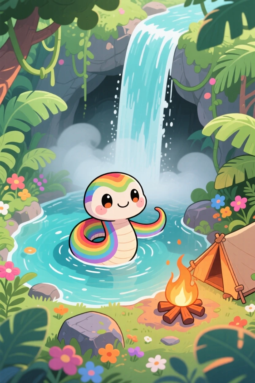 High aerial view: a tiny rainbow serpent, curling around a waterfall's mist, set against a jungle waterfall grotto during a light summer breeze, with cozy firelight and a mood of quiet contentment.