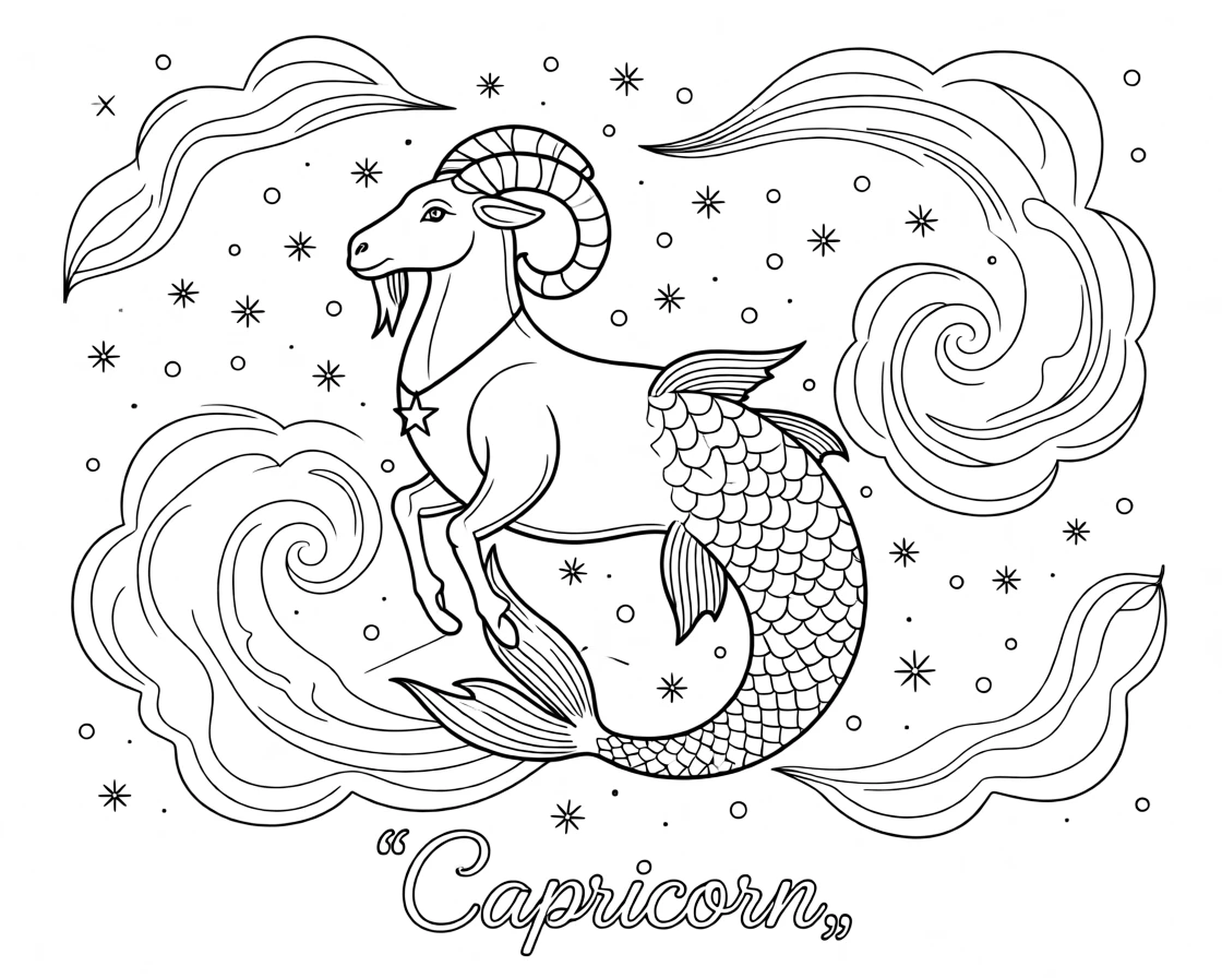 A zodiac constellation illustration of Capricorn the sea goat, formed from connected stars against a night sky filled with smaller stars and swirling nebula clouds.