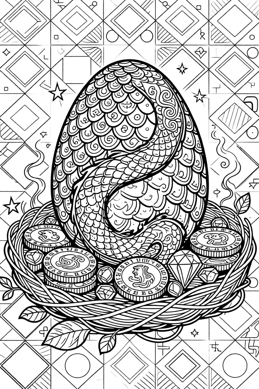 A dragon egg nestled in a nest of gold coins and jewels.
