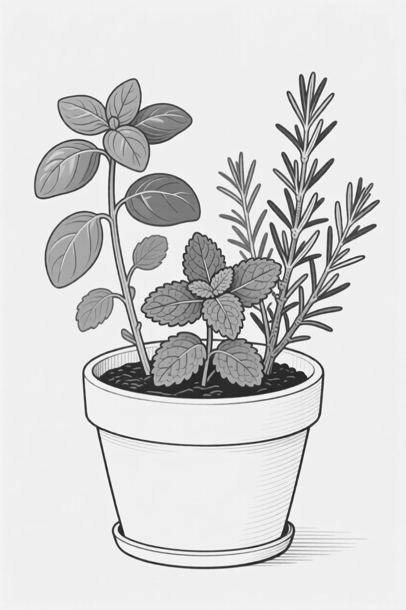 A potted herb garden with basil, mint, and rosemary