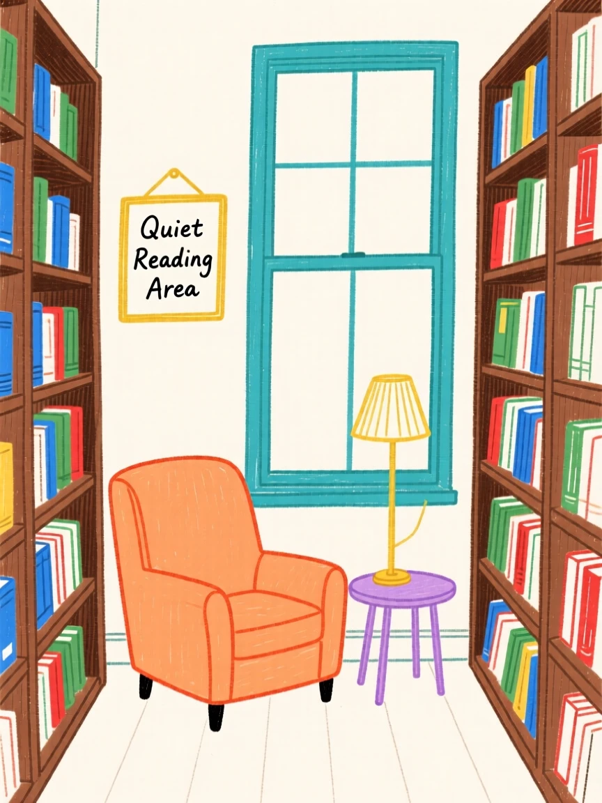 A bookstore corner with tall shelves and a reading nook.