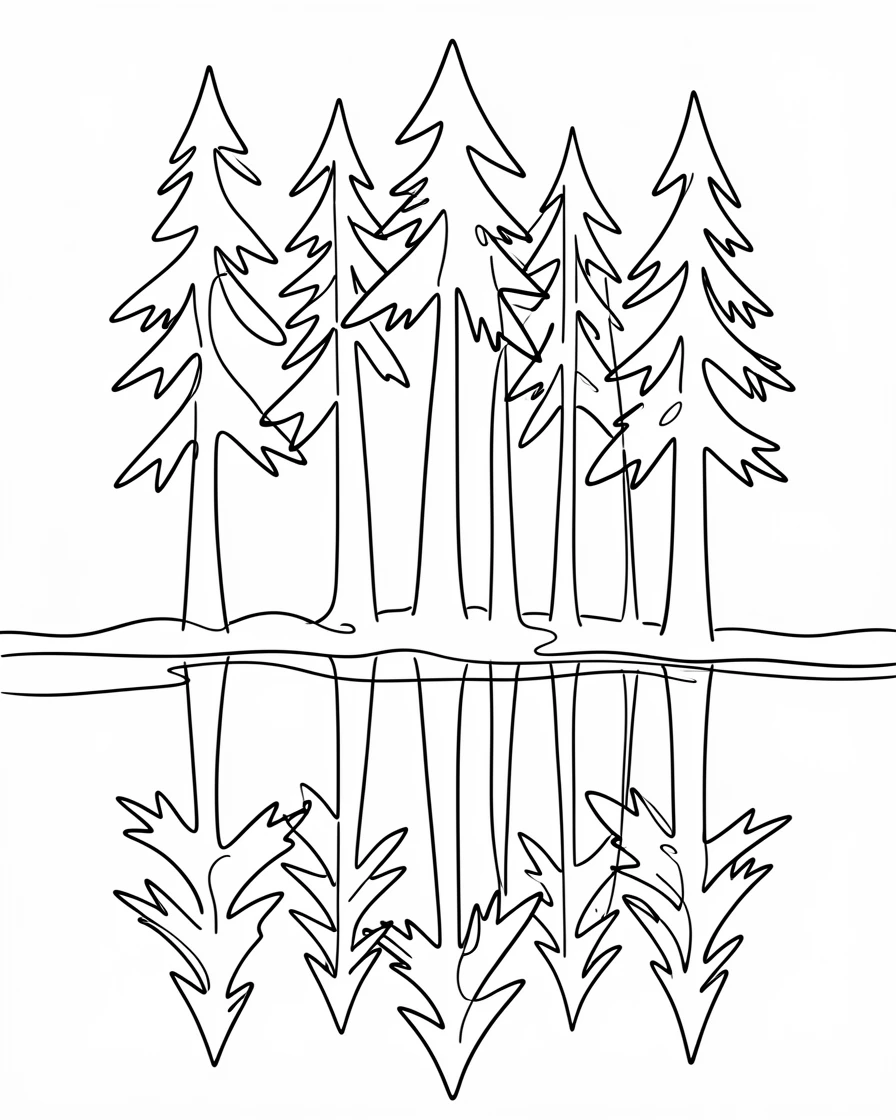 A stand of tall pines reflected perfectly in a still forest pond