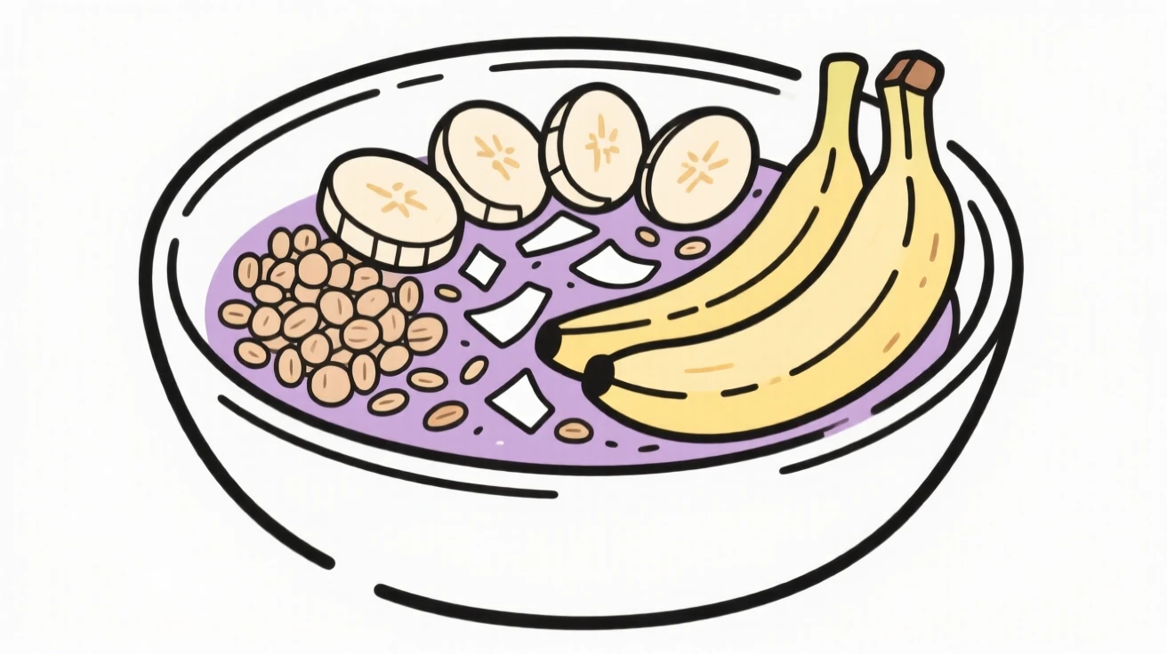 A bowl of acai topped with sliced banana, granola, and coconut flakes.