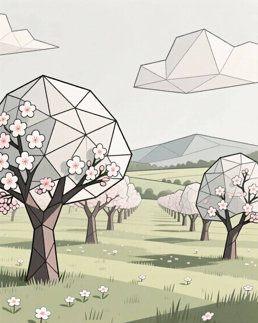 A quiet countryside orchard in full spring blossom