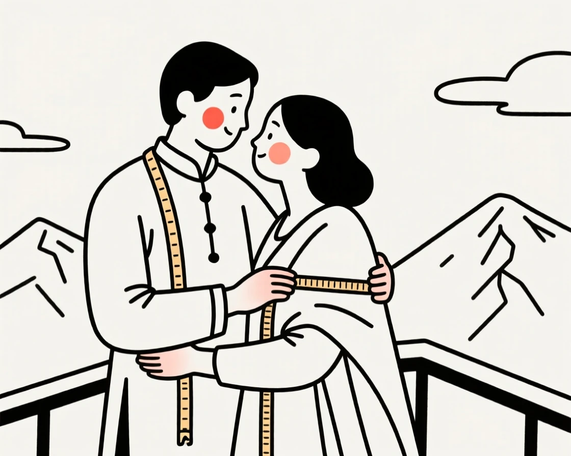 A tailor of indian heritage measuring fabric, sharing a tender embrace, on a mountaintop overlook.