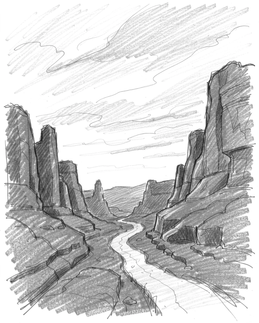 A breathtaking view of a red rock desert at dusk, under a dramatic sky streaked with color, with a narrow path leading into the distance.