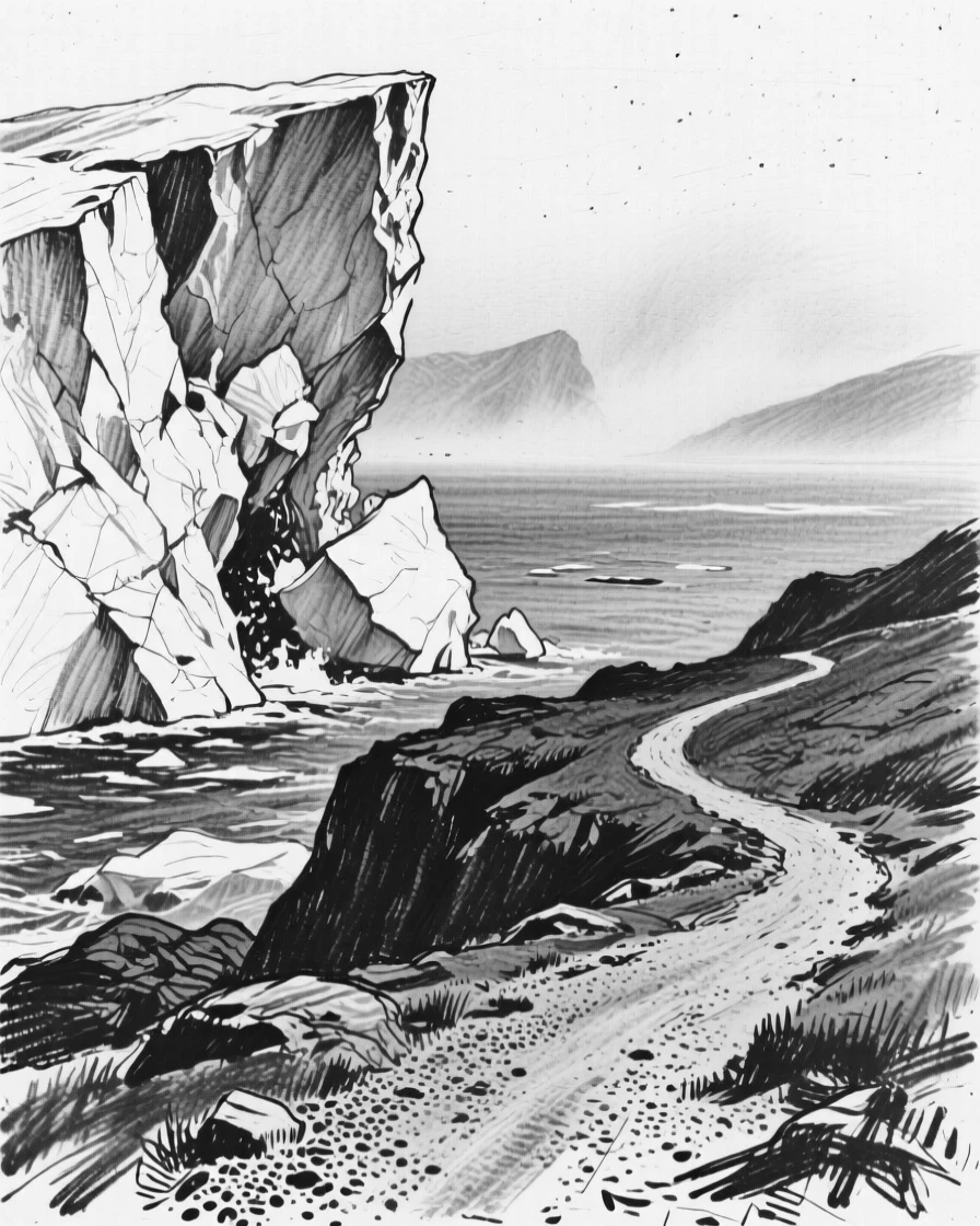 A glacier calving into the sea with a lone winding path leading into the distance.