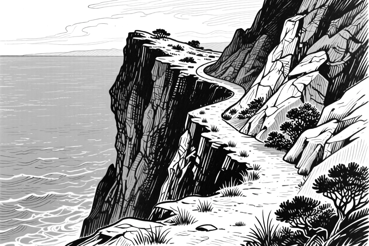 A dramatic cliffside path overlooking a turquoise sea.