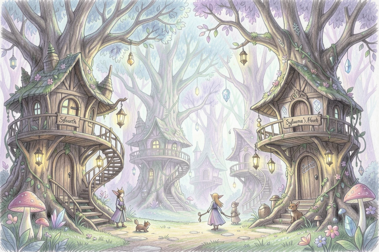 An elven village built among giant glowing tree canopies, with intricate, whimsical details throughout the scene, designed to feel enchanting, dreamy, and otherworldly.