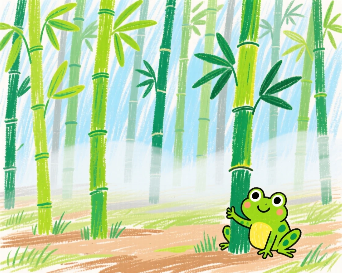 A view of a bamboo grove wrapped in a thin blanket of morning mist.