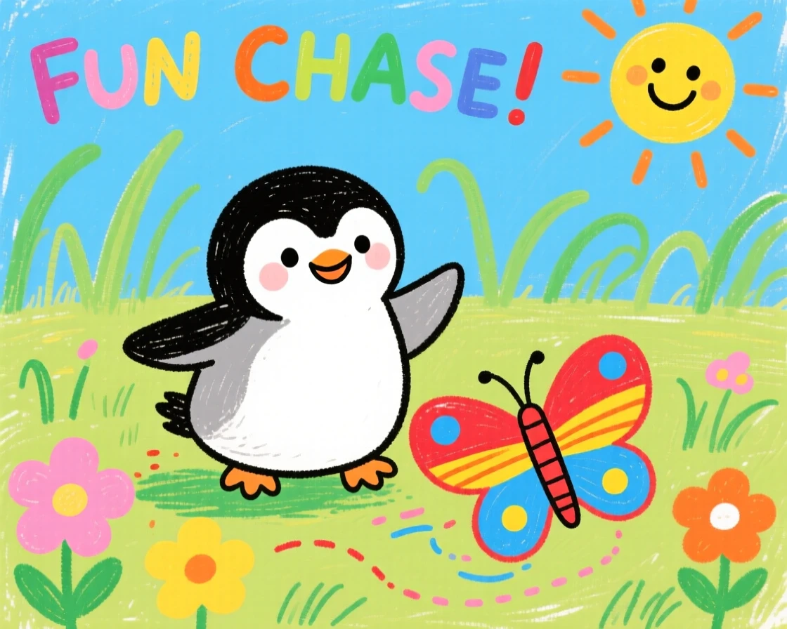 A tiny penguin chick chasing a butterfly across a sunny field.