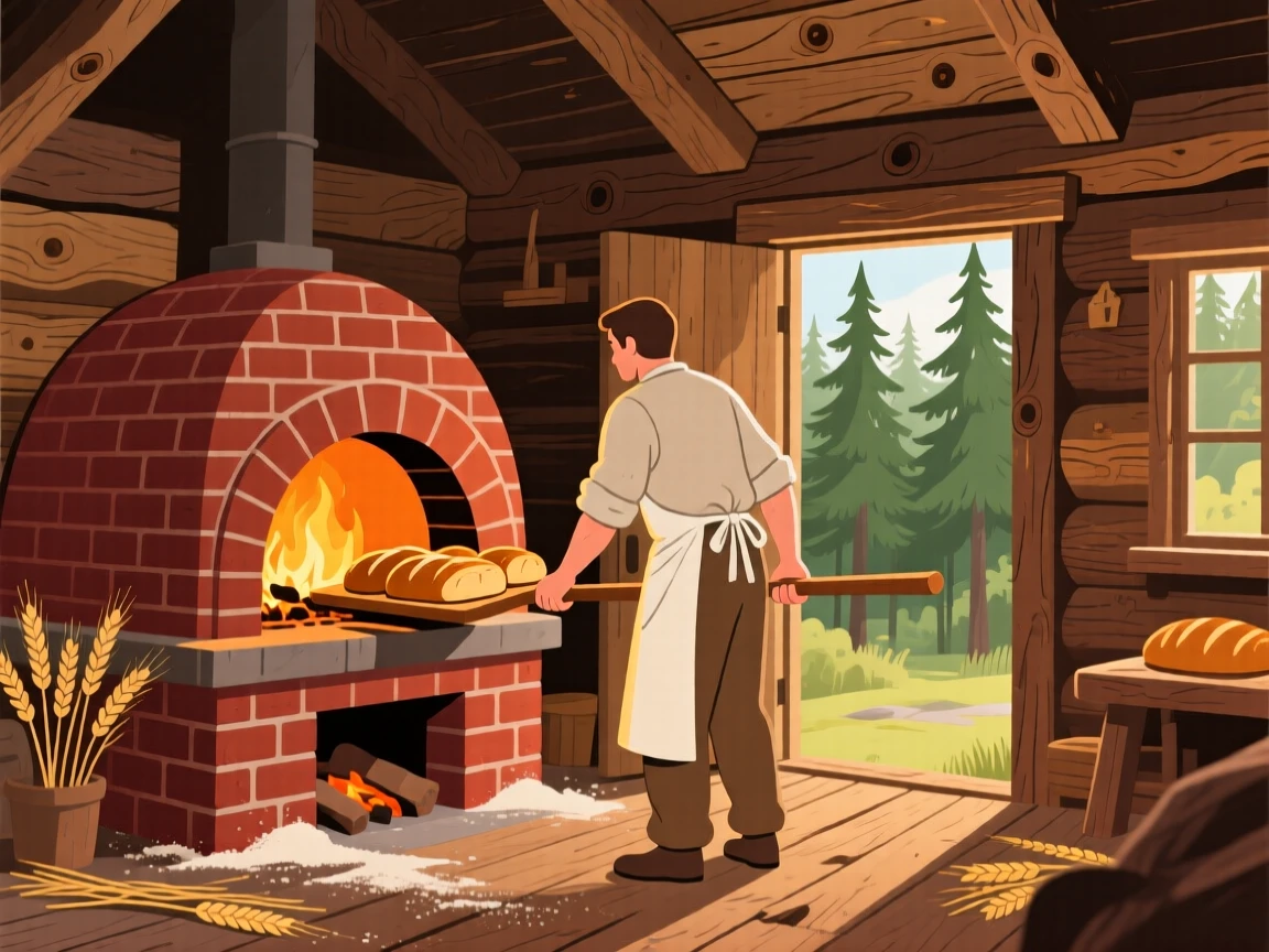 A baker pulling fresh bread from a warm brick oven, in a rustic wooden cabin surrounded by forest, captured from behind to invite the viewer into the moment, with a sense of warmth and togetherness in every detail.