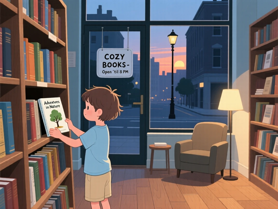 A small child browsing a used bookstore on a quiet summer evening in the city.