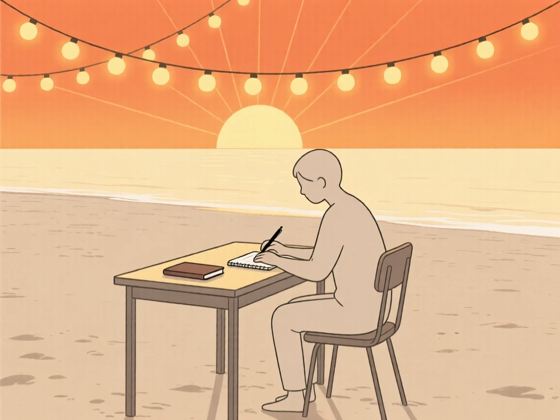 A poet working at a desk in a beach at sunrise, surrounded by warm string lights, conveying shared belonging.