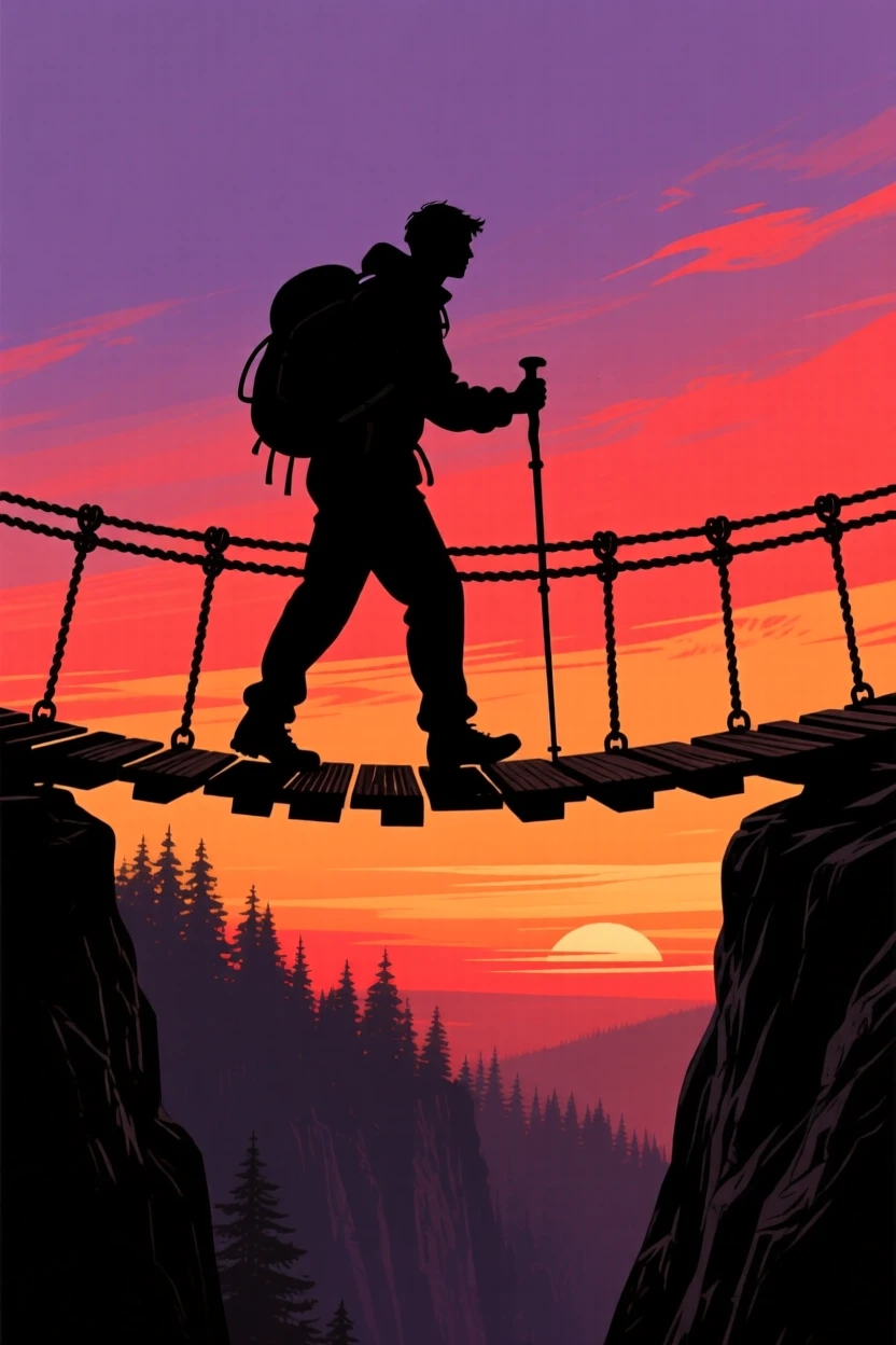 A hiker crossing a swaying rope bridge over a deep forested gorge.